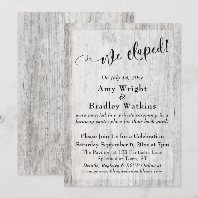 Rustic Weathered Grey Wood We Eloped Celebration Invitation (Front/Back)