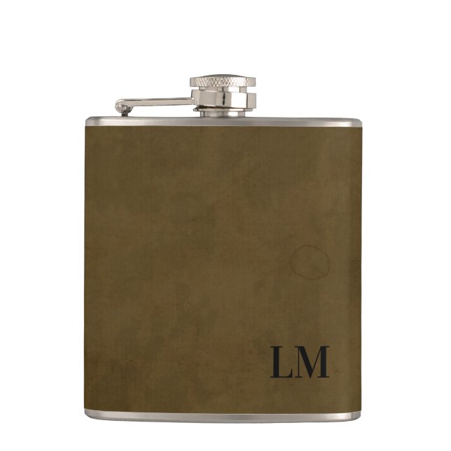 Rustic Weathered Leather Look Wedding Monogram Hip Flask (Front)