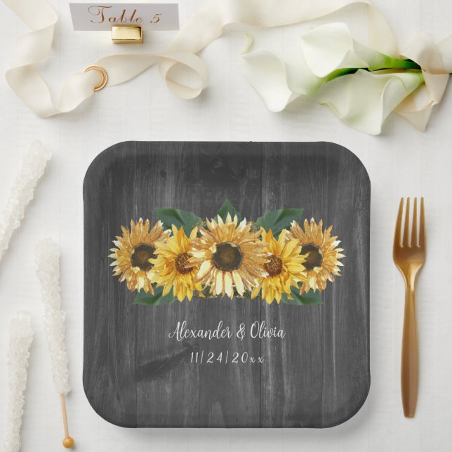 Rustic Weathered Sunflower Wedding Paper Plates (Wedding)