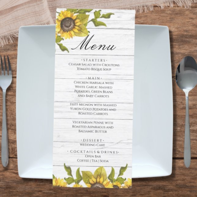 Rustic Weathered White Wood Bride Groom Sunflower  Menu (Creator Uploaded)