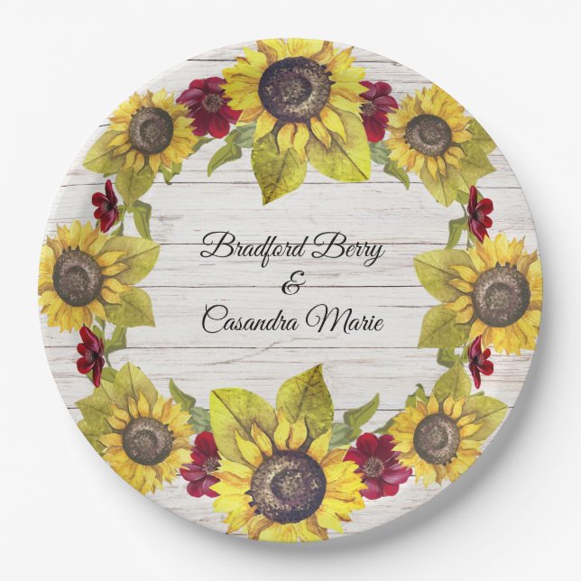 Rustic Weathered White Wood Bride Groom Sunflower  Paper Plate (Front)