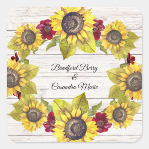 Rustic Weathered White Wood Bride Groom Sunflower  Square Sticker