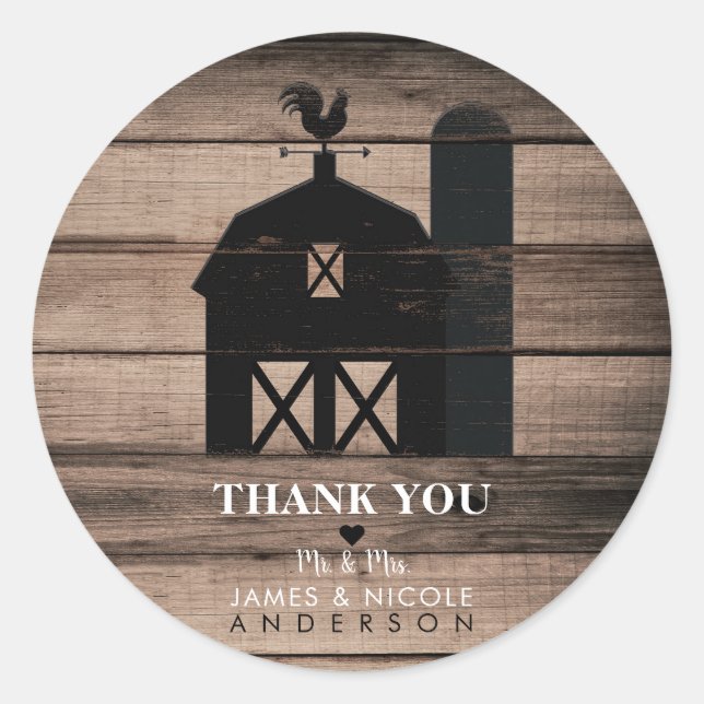 Rustic Weathered Wood Black Barn Country Wedding Classic Round Sticker (Front)