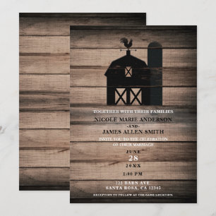 Rustic Weathered Wood Black Barn Country Wedding Invitation