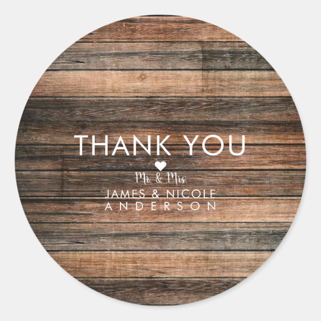 Rustic Weathered Wood Brown Barn Country Wedding Classic Round Sticker (Front)