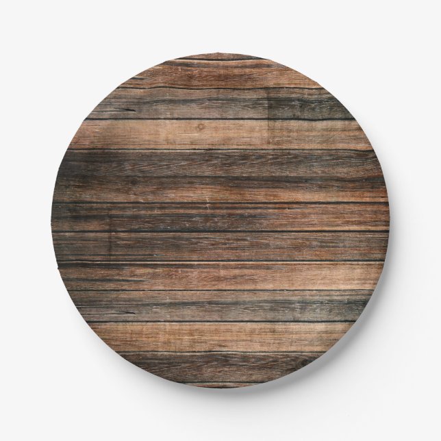 Rustic Weathered Wood Brown Barn Country Wedding Paper Plate (Front)