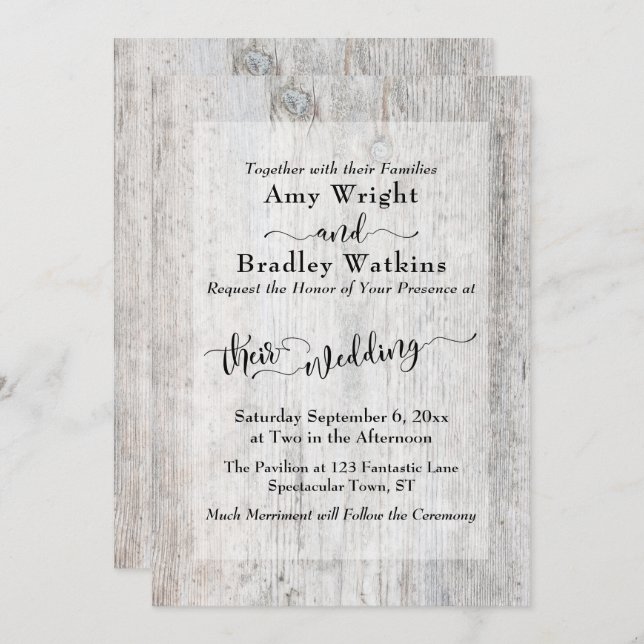 Rustic Weathered Wood Elegant Typography Wedding Invitation (Front/Back)