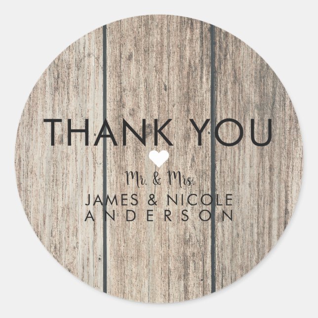 Rustic Weathered Wood Farmhouse Barn Wedding Favou Classic Round Sticker (Front)