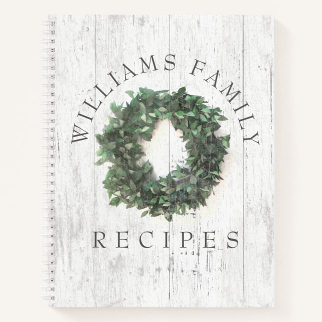 Rustic Weathered Wood Laurel Wreath Family Recipe Notebook (Front)