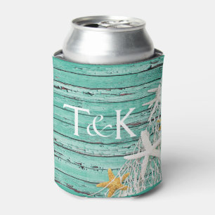 Rustic Weathered Wood Starfish Netting   aqua Can Cooler