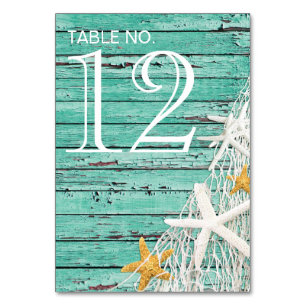 Rustic Weathered Wood Starfish Netting   aqua Table Number