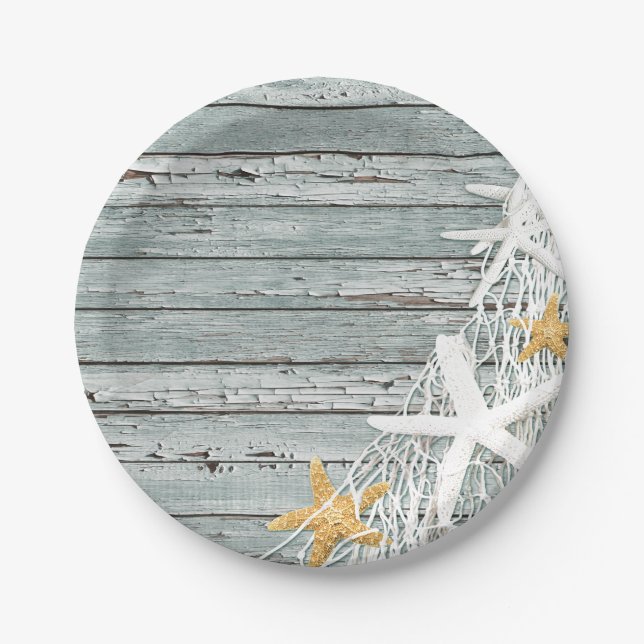 Rustic Weathered Wood Starfish Netting | grey Paper Plate (Front)