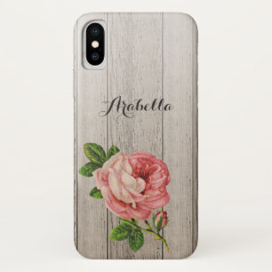 Rustic Weathered Wood Vintage Pink Rose With Name iPhone X Case
