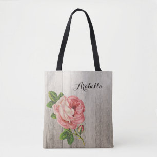 Rustic Weathered Wood Vintage Pink Rose With Name Tote Bag