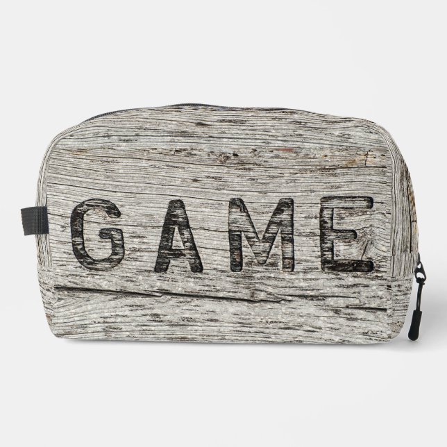 Rustic Weathered Wooden GAME word Dopp Kit (Front)