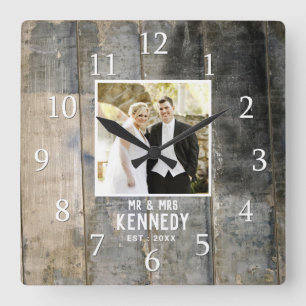 Rustic Wedding Anniversary Photo Stained Wood Square Wall Clock