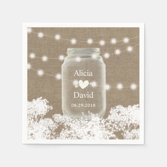 Rustic Wedding Baby's Breath String Mason Jar Napkin (Front)