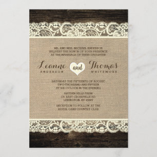 Rustic Wedding   Barn Wood Lace and Burlap Invitation