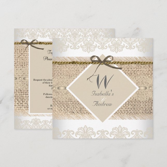 Rustic Wedding Beige lace Burlap White Invitation (Front/Back)