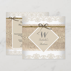 Rustic Wedding Beige lace Burlap White Invitation