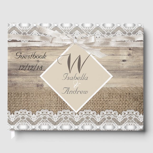Rustic Wedding Beige Lace Wood Burlap Guestbook (Front)