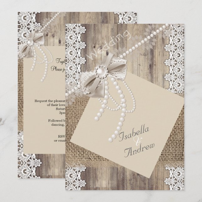 Rustic Wedding Beige Pearl Lace Wood Burlap 4 Invitation (Front/Back)