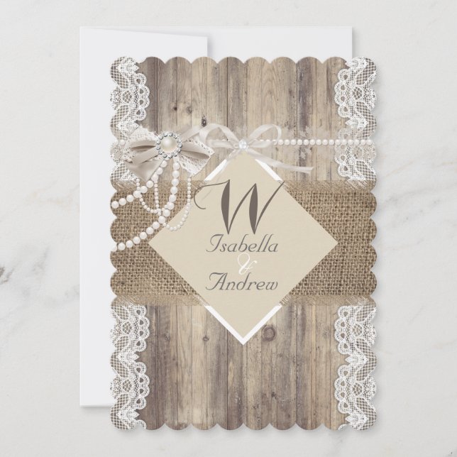 Rustic Wedding Beige Pearl Lace Wood Burlap Invitation (Front)