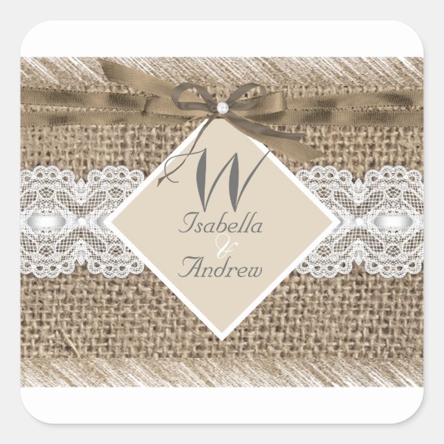 Rustic Wedding Beige White Lace Burlap 2 Square Sticker (Front)