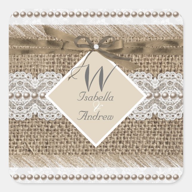 Rustic Wedding Beige White Lace Burlap Square Sticker (Front)