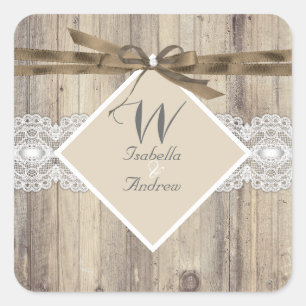 Rustic Wedding Beige White Lace Wood 2 Square Sticker