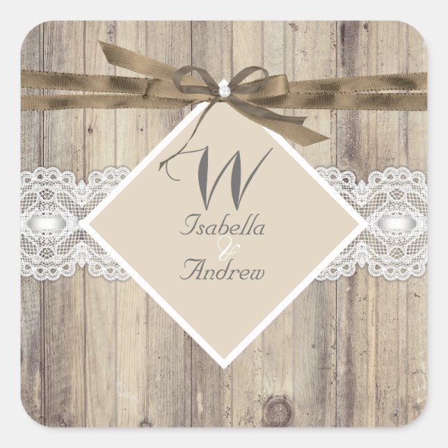 Rustic Wedding Beige White Lace Wood 2 Square Sticker (Front)