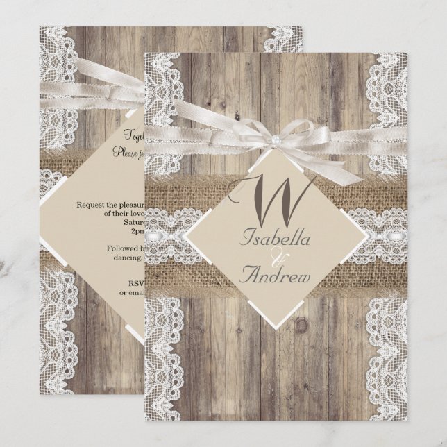Rustic Wedding Beige White Lace Wood Burlap 2a Invitation (Front/Back)