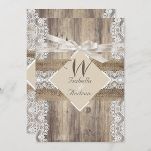 Rustic Wedding Beige White Lace Wood Burlap 2a Invitation