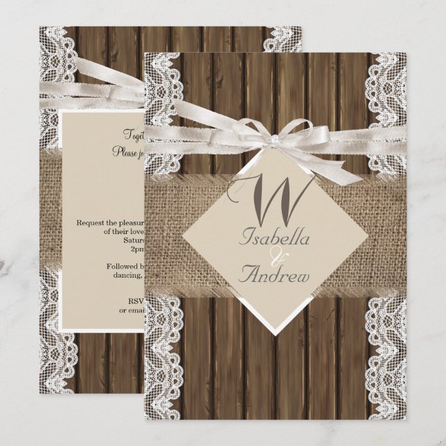 Rustic Wedding Beige White Lace Wood Burlap 3 Invitation (Front/Back)