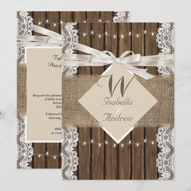 Rustic Wedding Beige White Lace Wood Burlap 5 Invitation (Front/Back)