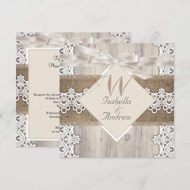 Rustic Wedding Beige White Lace Wood Burlap AB Invitation (Front/Back)