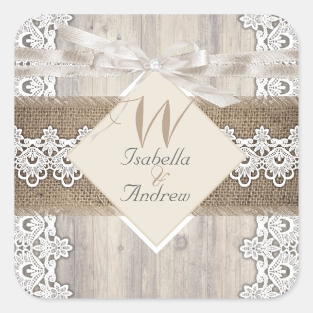 Rustic Wedding Beige White Lace Wood Burlap AB Square Sticker (Front)