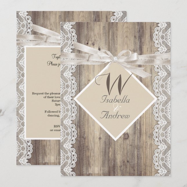 Rustic Wedding Beige White Lace Wood Invitation (Front/Back)
