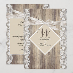 Rustic Wedding Beige White Lace Wood Invitation