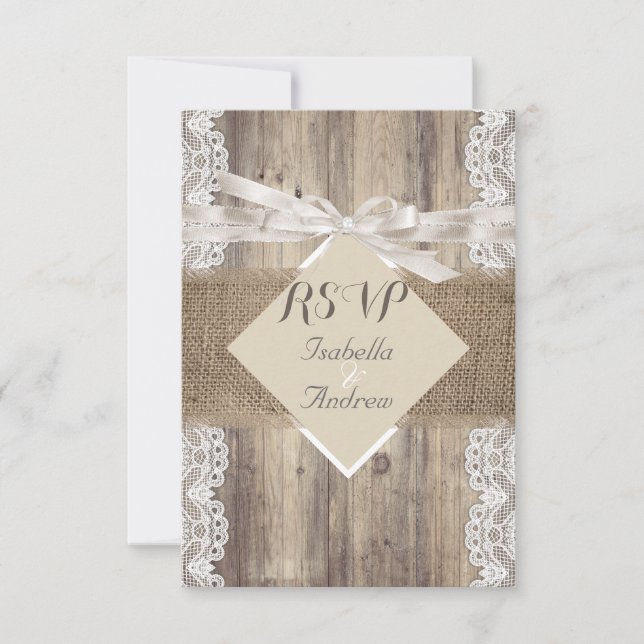Rustic Wedding Beige White Lace Wood RSVP Card (Front)