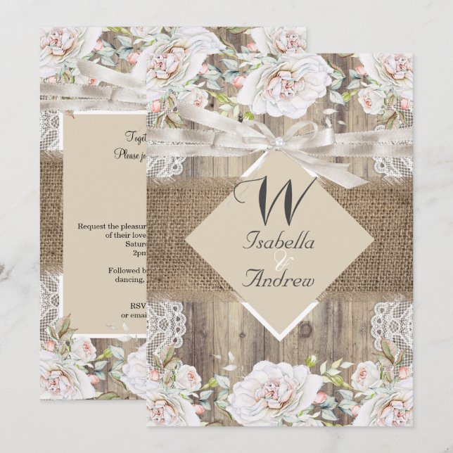 Rustic Wedding Beige White Roses Wood Burlap Invitation (Front/Back)