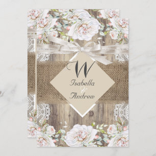 Rustic Wedding Beige White Roses Wood Burlap Invitation