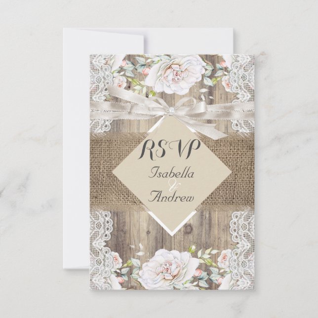 Rustic Wedding Beige White Roses Wood RSVP (Front)