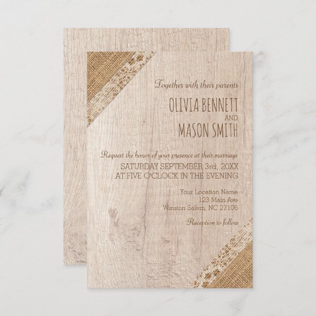 Rustic Wedding Beige White Wood Burlap Invitation (Front/Back)