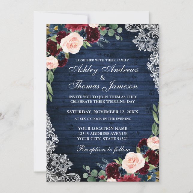 Rustic Wedding Blue Wood Burgundy Blue Floral Invitation (Front)