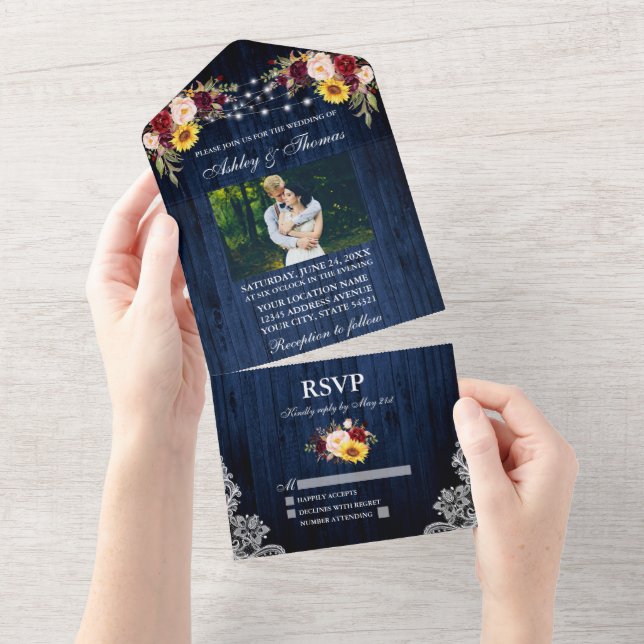 Rustic Wedding Blue Wood Floral Lights Lace Photo All In One Invitation (Tearaway)