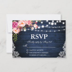 Rustic Wedding Blue Wood Floral Lights Lace RSVP Card