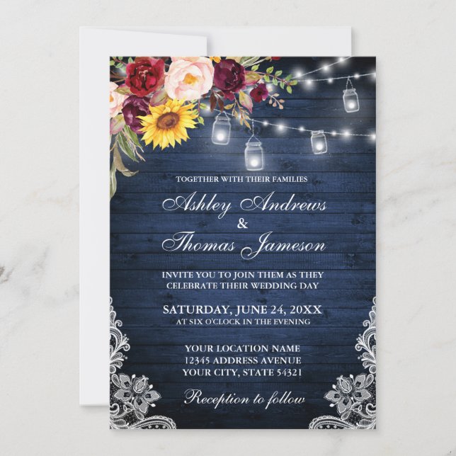 Rustic Wedding Blue Wood Jars Lights Lace Floral Invitation (Front)