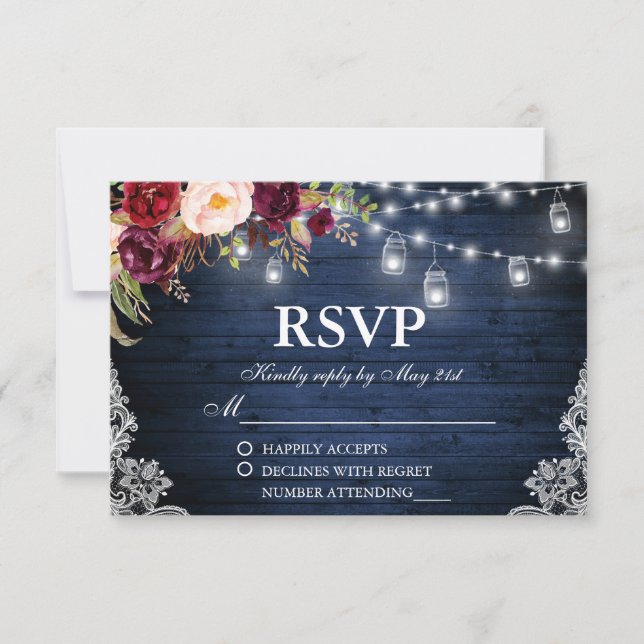 Rustic Wedding Blue Wood Lights Jars Floral RSVP (Front)