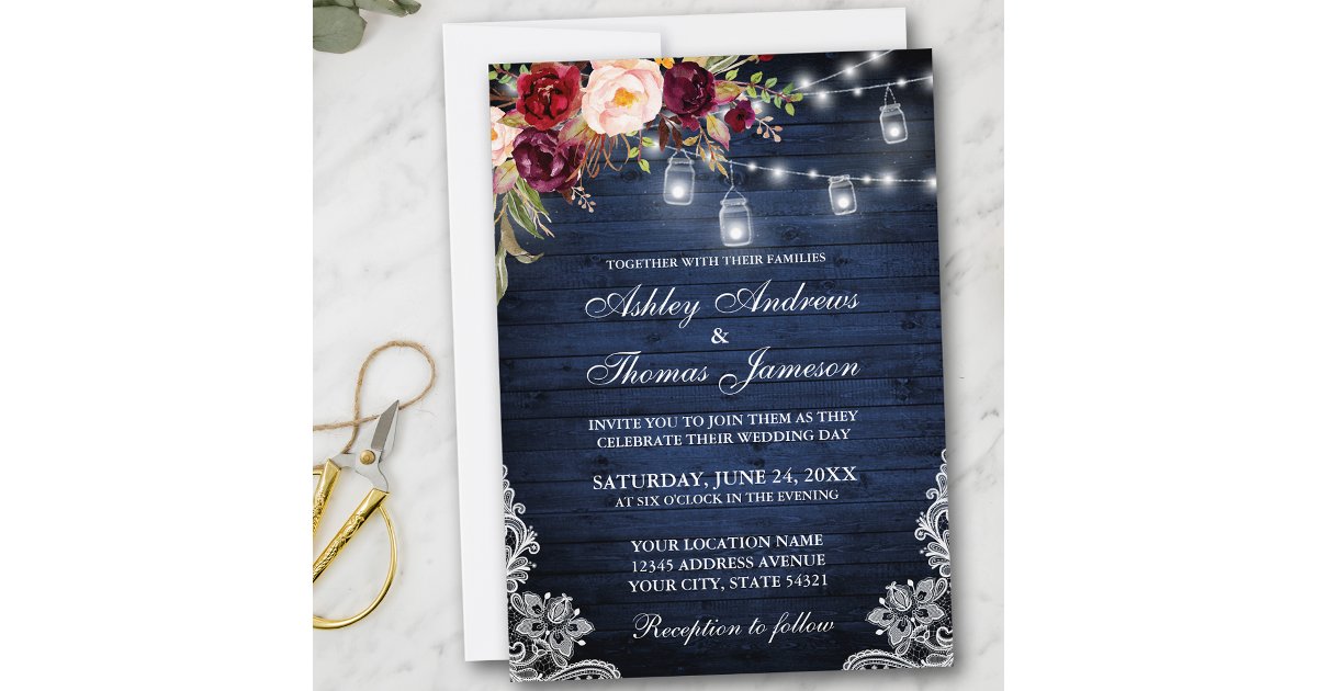 Rustic Wedding Blue Wood Lights Jars Lace Floral Invitation | Zazzle